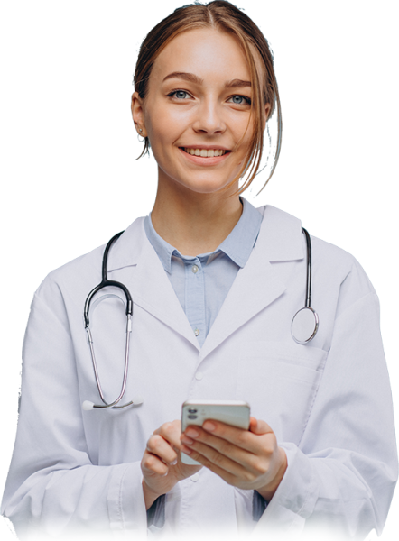 female doctor with smartphone